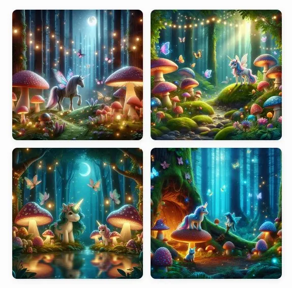 A magical forest with glowing mushrooms and friendly unicorns