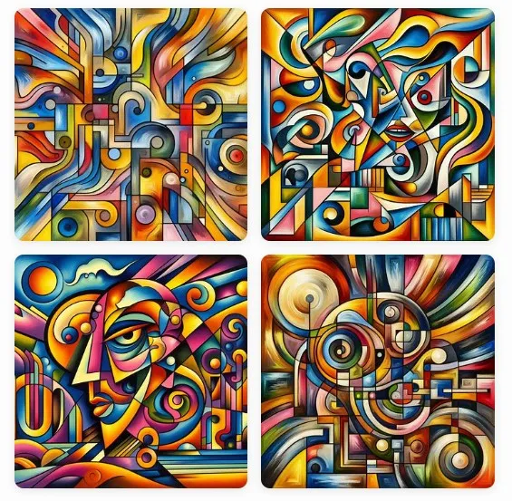 A vibrant, abstract painting in the style of Picasso