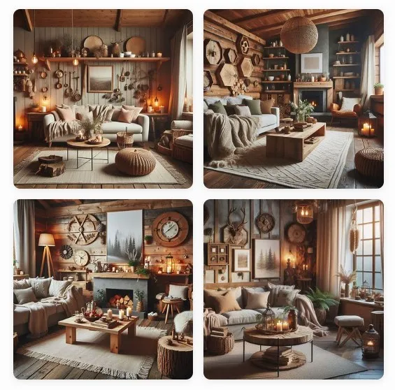 A cozy living room interior with rustic decor