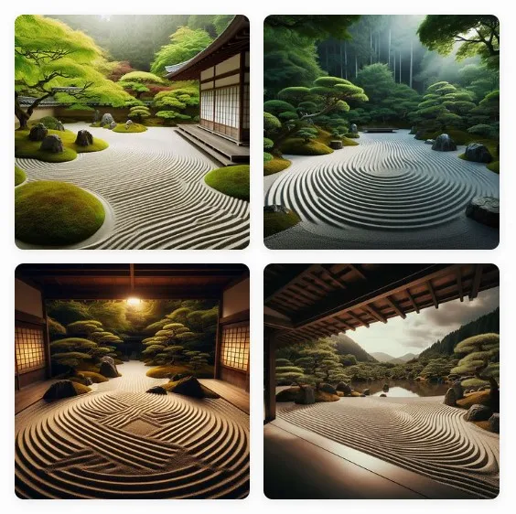 A serene Zen garden with raked sand patterns